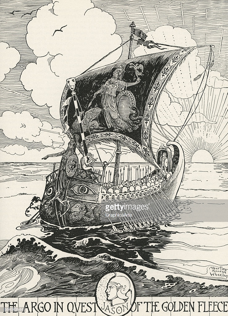 Illustration of Jason and the Argonauts rowing the Argo on their quest for the Golden Fleece (by Albertine Randall Wheelan, American, 1863 - 1954), 1918. Engraving. (Photo by GraphicaArtis/Getty Images)